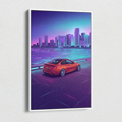 BMW M4 Inspired Orange Purple Canvas Wall Art Vaporwave Sports Car Artwork Neon Waterfront Garage Decor Retro Futuristic City Print