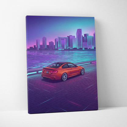 BMW M4 Inspired Orange Purple Canvas Wall Art Vaporwave Sports Car Artwork Neon Waterfront Garage Decor Retro Futuristic City Print