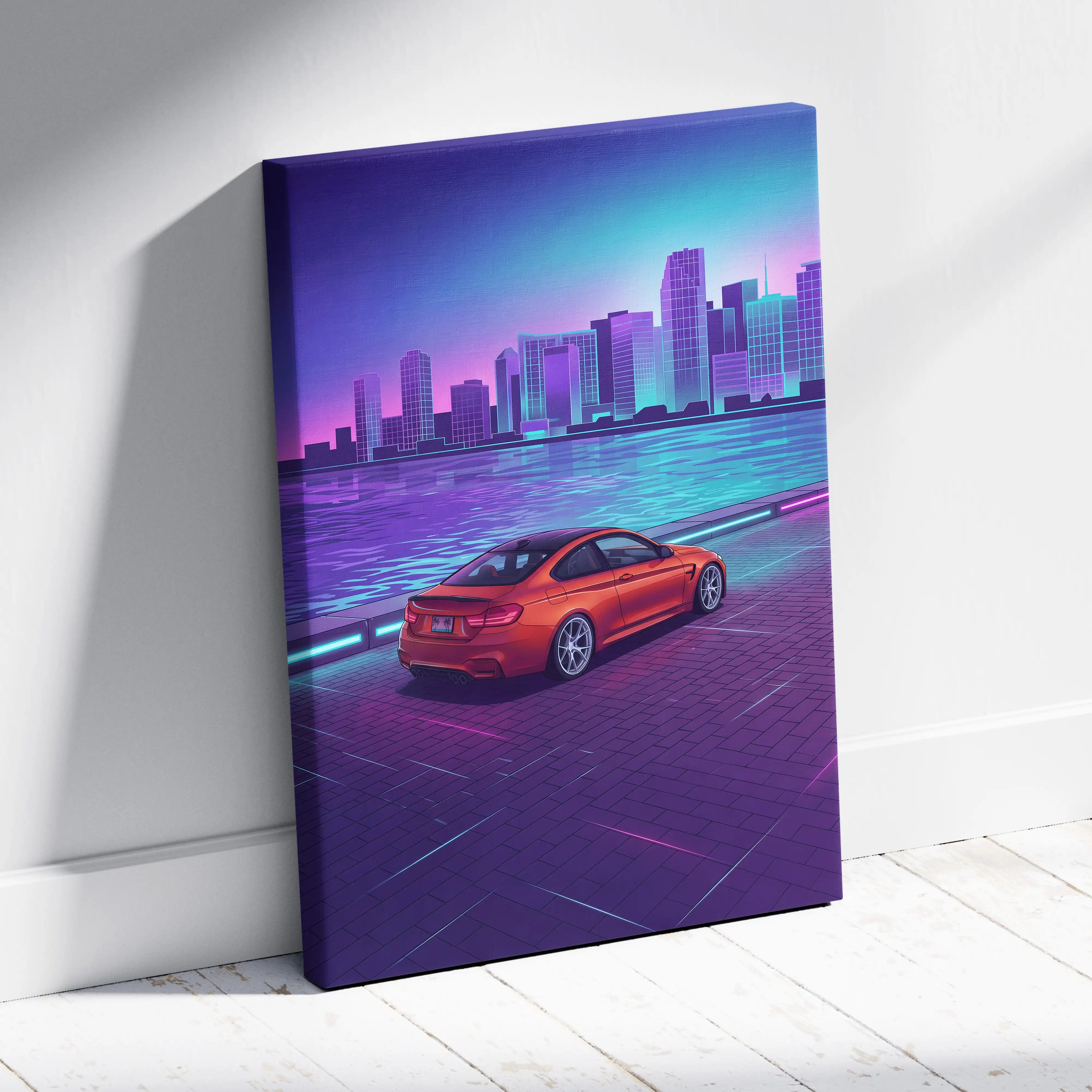 BMW M4 Inspired Orange Purple Canvas Wall Art Vaporwave Sports Car Artwork Neon Waterfront Garage Decor Retro Futuristic City Print