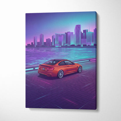BMW M4 Inspired Orange Purple Canvas Wall Art Vaporwave Sports Car Artwork Neon Waterfront Garage Decor Retro Futuristic City Print