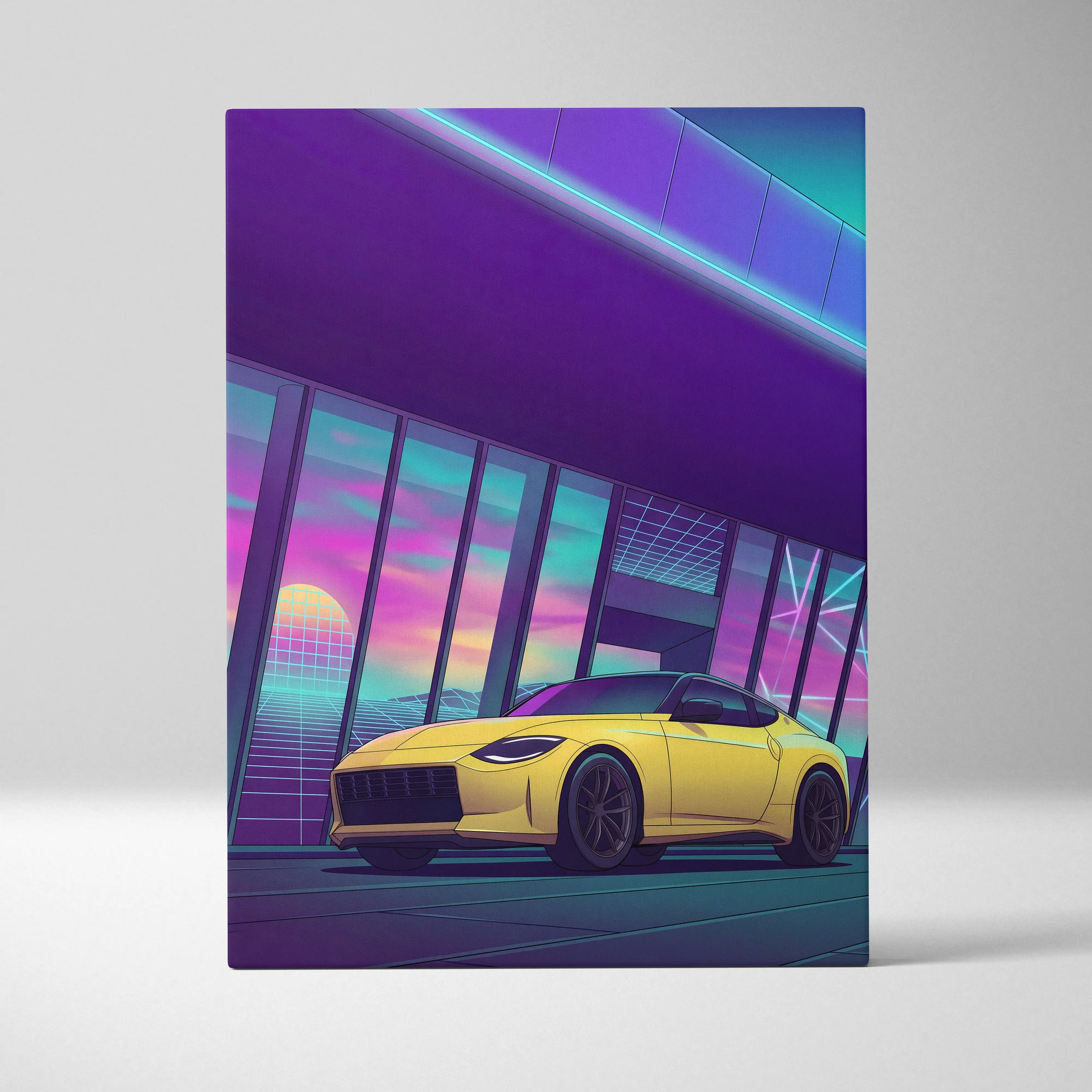 Nissan Z Inspired Yellow Purple Canvas Wall Art Vaporwave Sports Car Artwork Neon Garage Decor Retro Futuristic JDM City Print