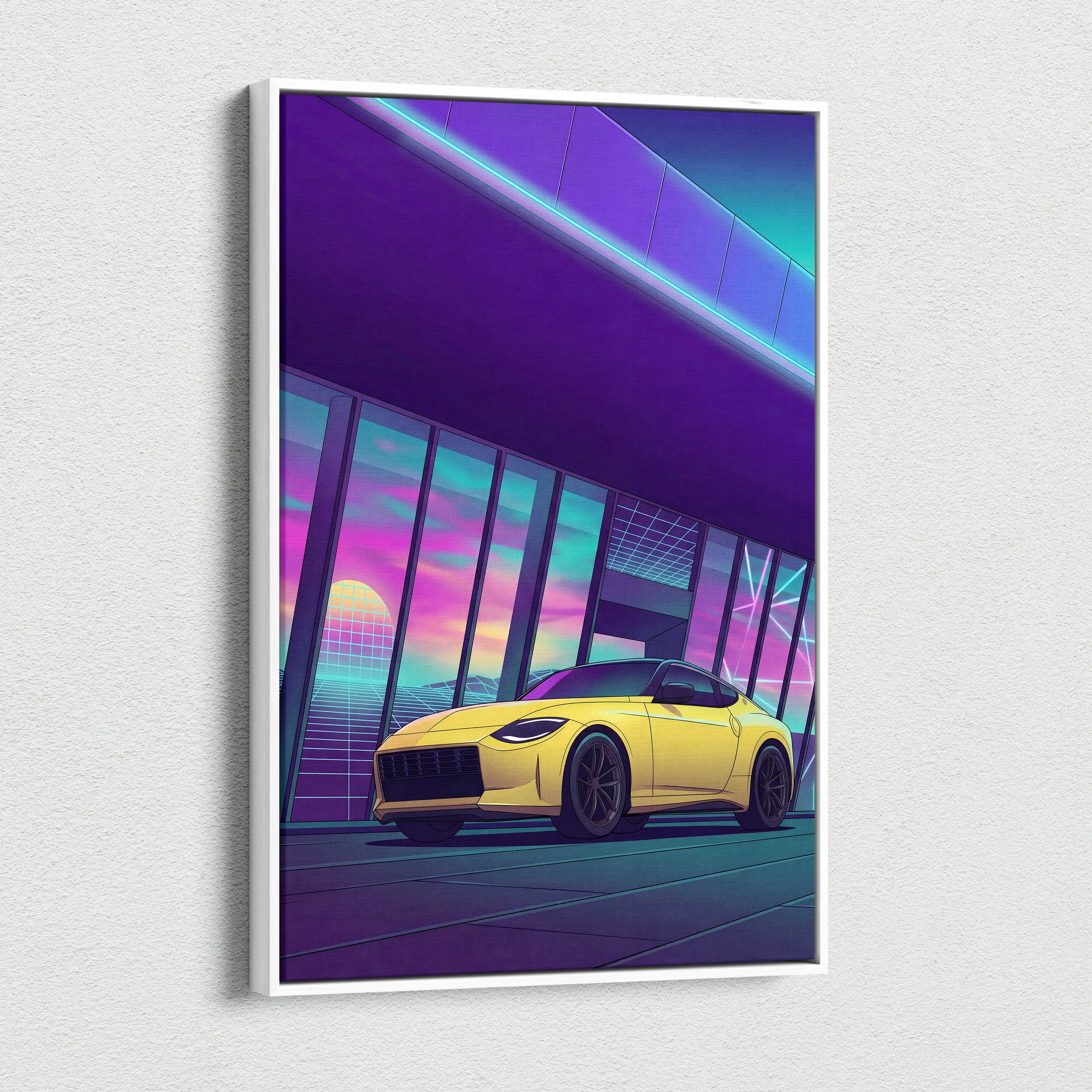 Nissan Z Inspired Yellow Purple Canvas Wall Art Vaporwave Sports Car Artwork Neon Garage Decor Retro Futuristic JDM City Print