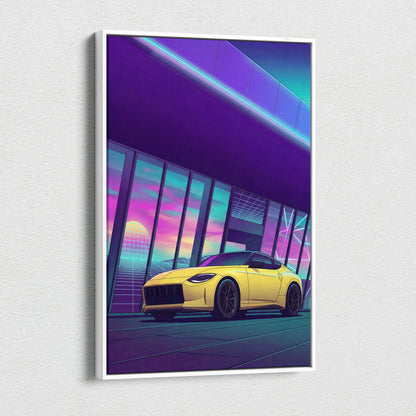 Nissan Z Inspired Yellow Purple Canvas Wall Art Vaporwave Sports Car Artwork Neon Garage Decor Retro Futuristic JDM City Print