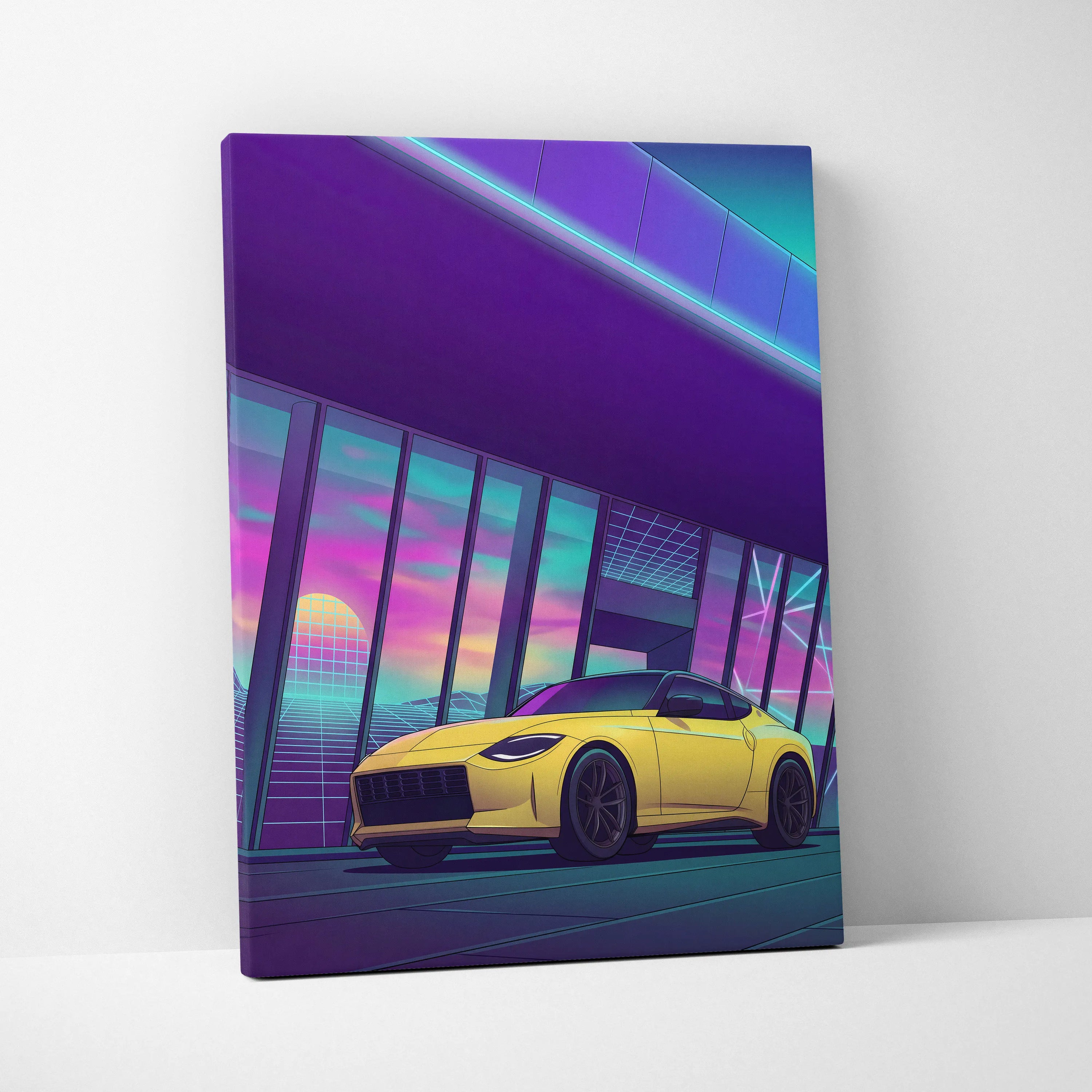 Nissan Z Inspired Yellow Purple Canvas Wall Art Vaporwave Sports Car Artwork Neon Garage Decor Retro Futuristic JDM City Print
