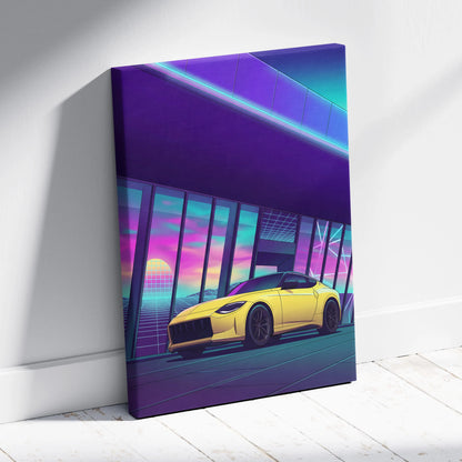 Nissan Z Inspired Yellow Purple Canvas Wall Art Vaporwave Sports Car Artwork Neon Garage Decor Retro Futuristic JDM City Print