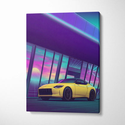 Nissan Z Inspired Yellow Purple Canvas Wall Art Vaporwave Sports Car Artwork Neon Garage Decor Retro Futuristic JDM City Print