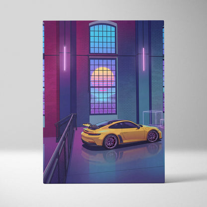 Porsche 911 GT3 RS Inspired Yellow Purple Canvas Wall Art Vaporwave Sports Car Artwork Neon Garage Decor Retro Futuristic City Print