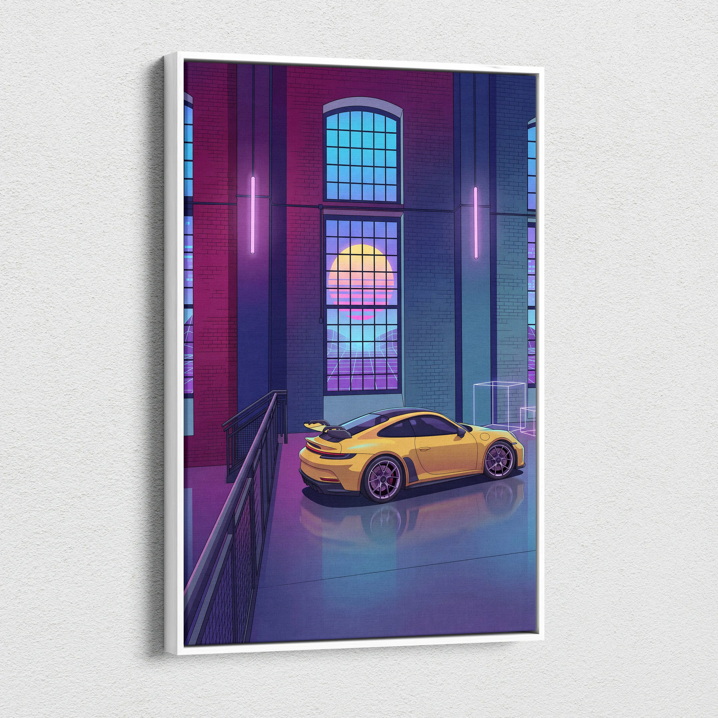 Porsche 911 GT3 RS Inspired Yellow Purple Canvas Wall Art Vaporwave Sports Car Artwork Neon Garage Decor Retro Futuristic City Print