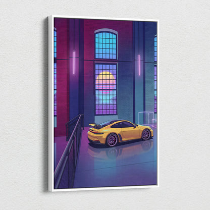 Porsche 911 GT3 RS Inspired Yellow Purple Canvas Wall Art Vaporwave Sports Car Artwork Neon Garage Decor Retro Futuristic City Print