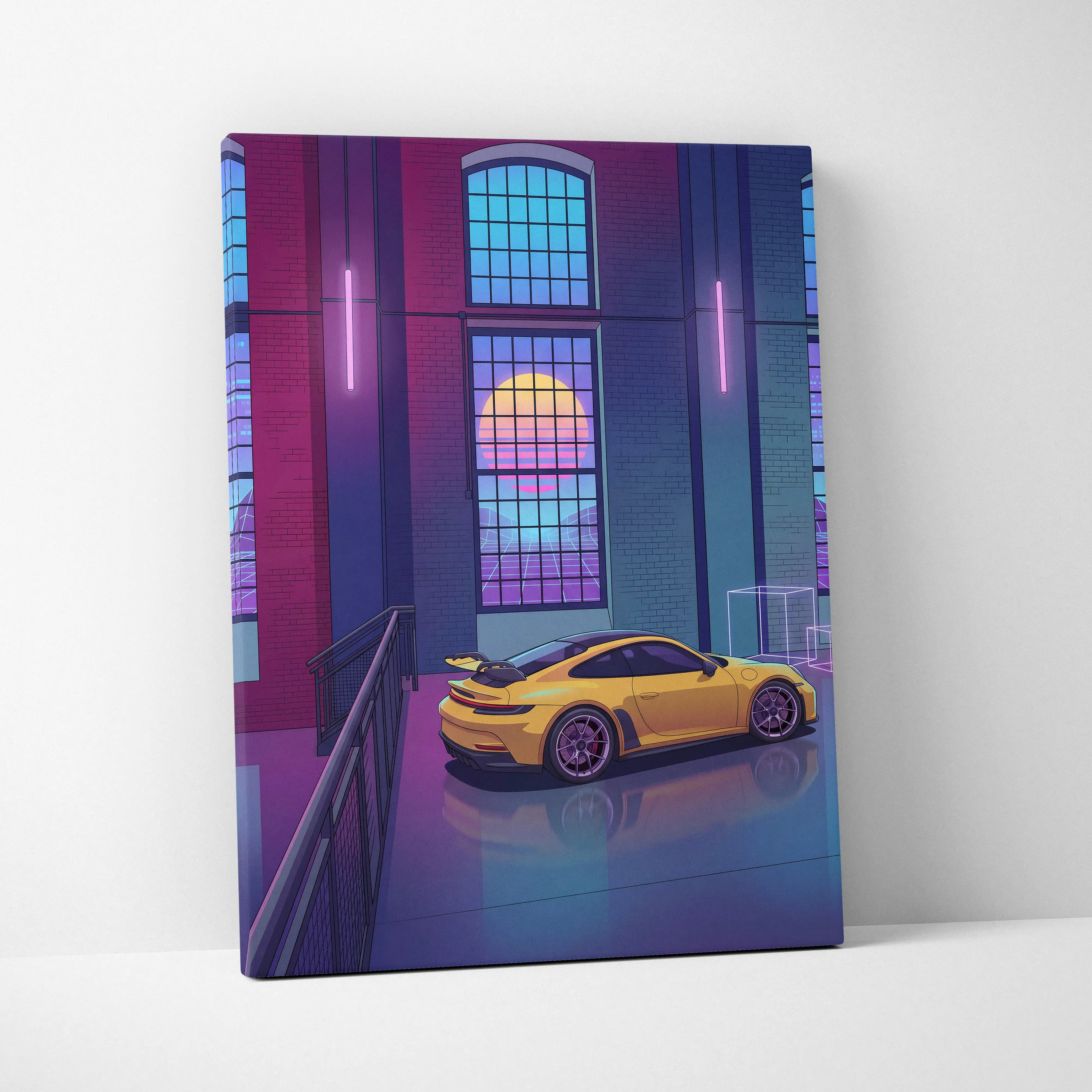 Porsche 911 GT3 RS Inspired Yellow Purple Canvas Wall Art Vaporwave Sports Car Artwork Neon Garage Decor Retro Futuristic City Print