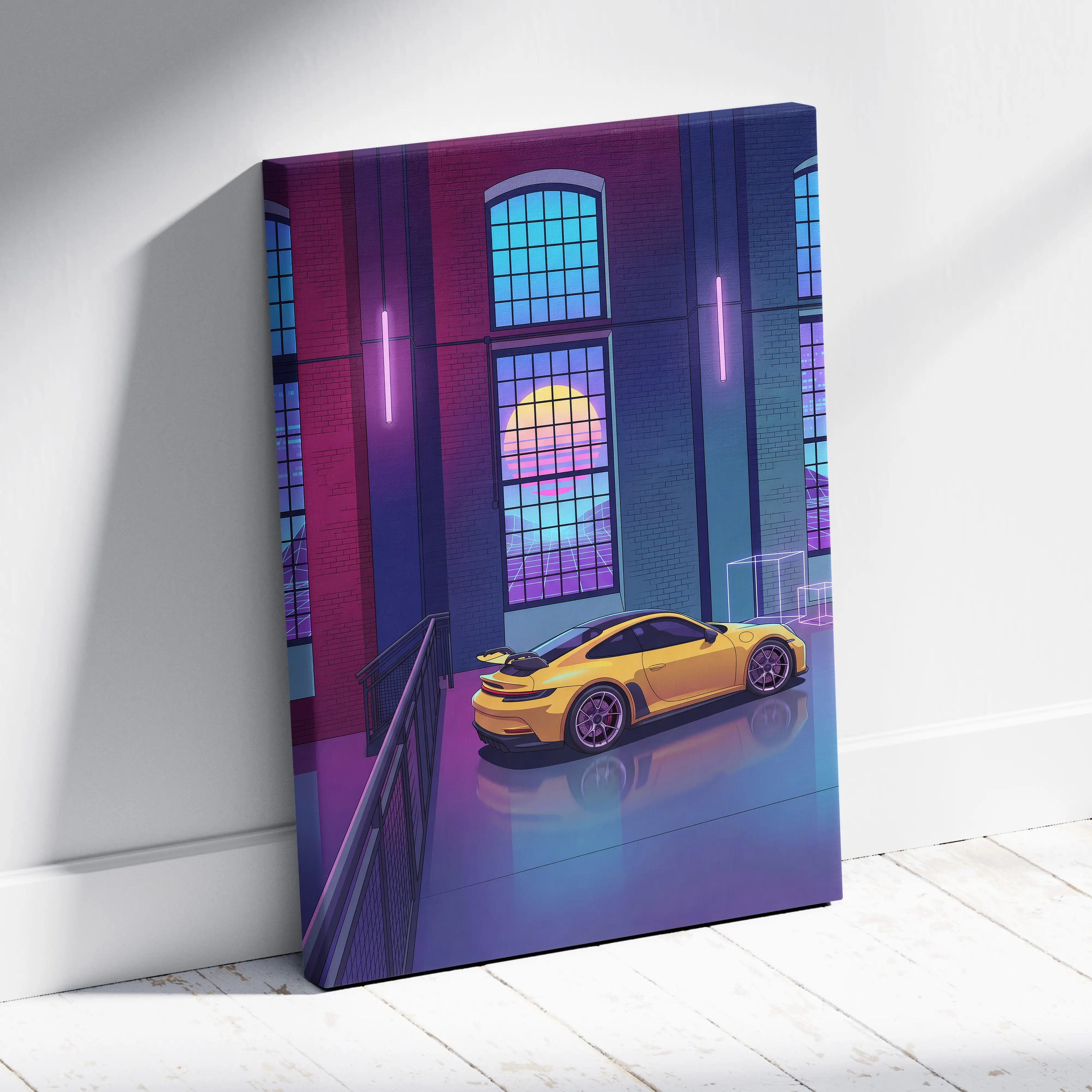 Porsche 911 GT3 RS Inspired Yellow Purple Canvas Wall Art Vaporwave Sports Car Artwork Neon Garage Decor Retro Futuristic City Print