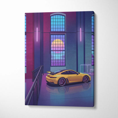 Porsche 911 GT3 RS Inspired Yellow Purple Canvas Wall Art Vaporwave Sports Car Artwork Neon Garage Decor Retro Futuristic City Print