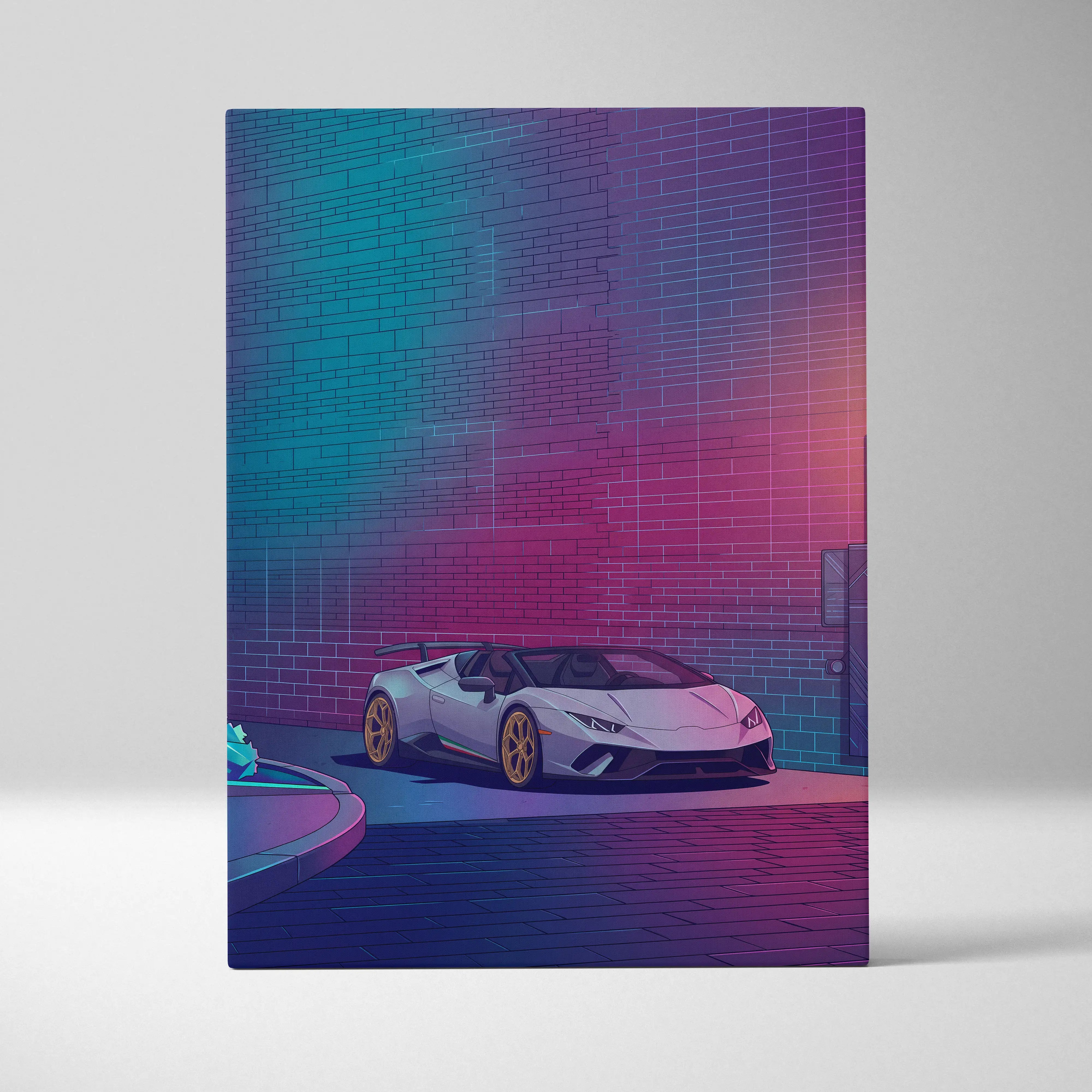 Lamborghini Huracan Spyder Inspired White Purple Canvas Wall Art, Neon Vaporwave Supercar Artwork for Modern Garage Decor