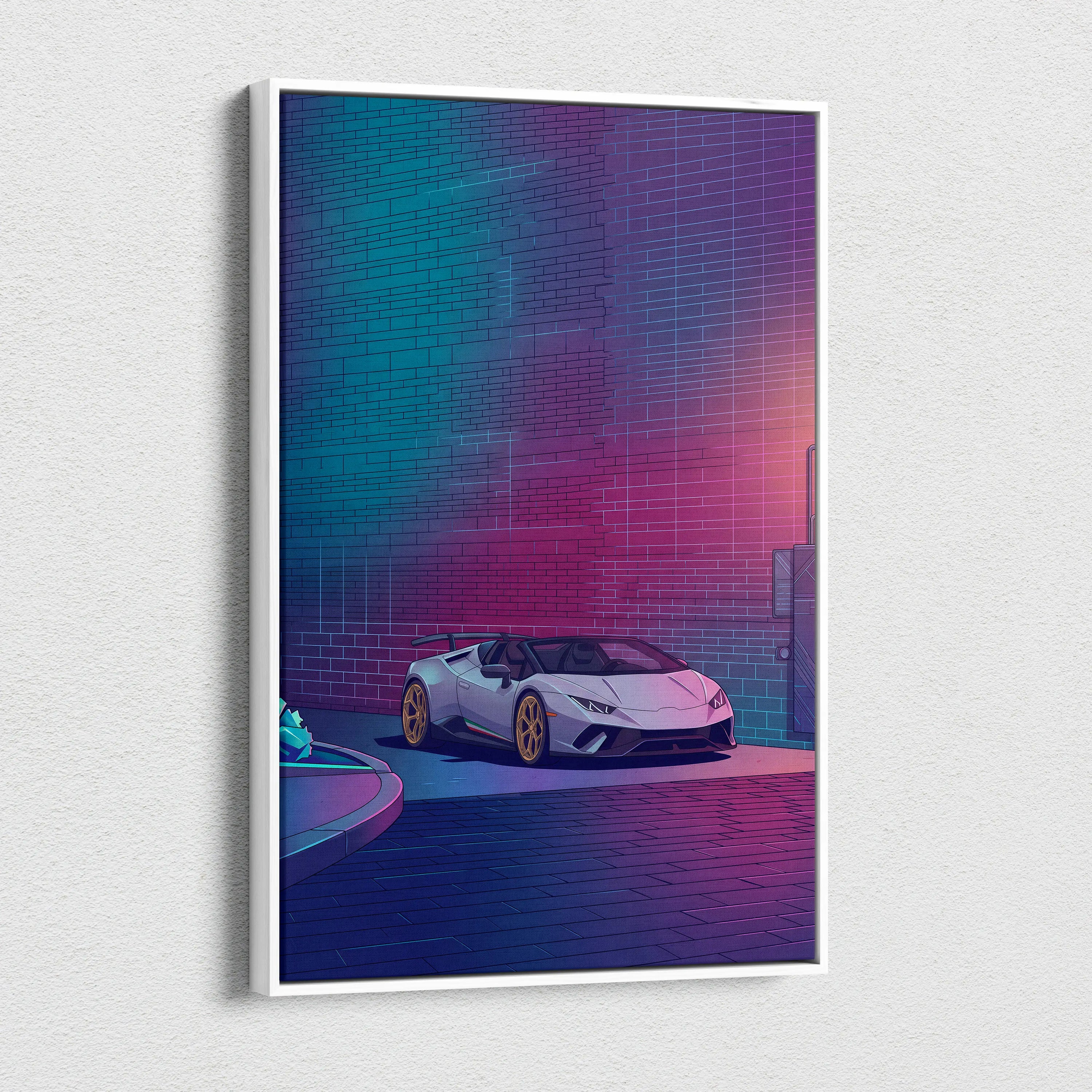 Lamborghini Huracan Spyder Inspired White Purple Canvas Wall Art, Neon Vaporwave Supercar Artwork for Modern Garage Decor