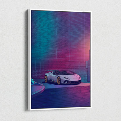Lamborghini Huracan Spyder Inspired White Purple Canvas Wall Art, Neon Vaporwave Supercar Artwork for Modern Garage Decor