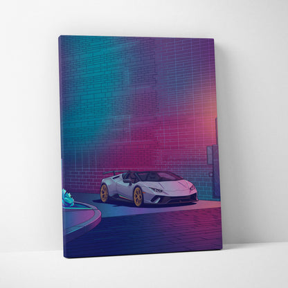 Lamborghini Huracan Spyder Inspired White Purple Canvas Wall Art, Neon Vaporwave Supercar Artwork for Modern Garage Decor