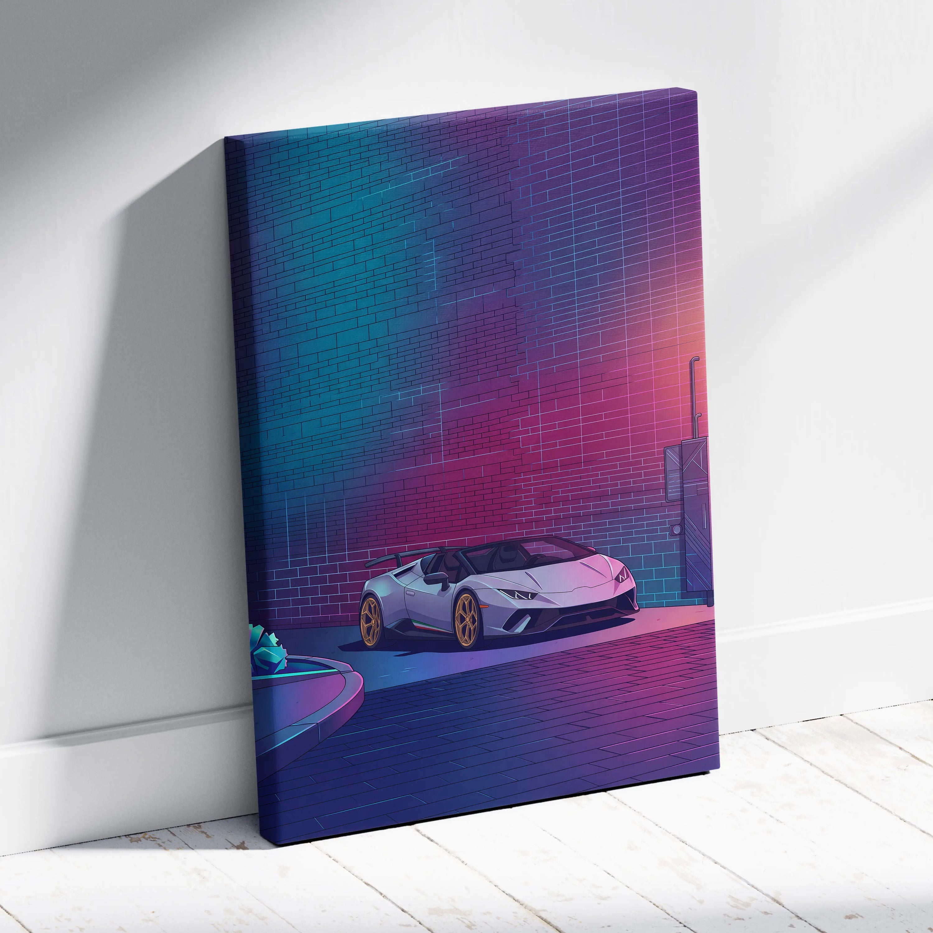 Lamborghini Huracan Spyder Inspired White Purple Canvas Wall Art, Neon Vaporwave Supercar Artwork for Modern Garage Decor