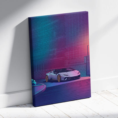 Lamborghini Huracan Spyder Inspired White Purple Canvas Wall Art, Neon Vaporwave Supercar Artwork for Modern Garage Decor