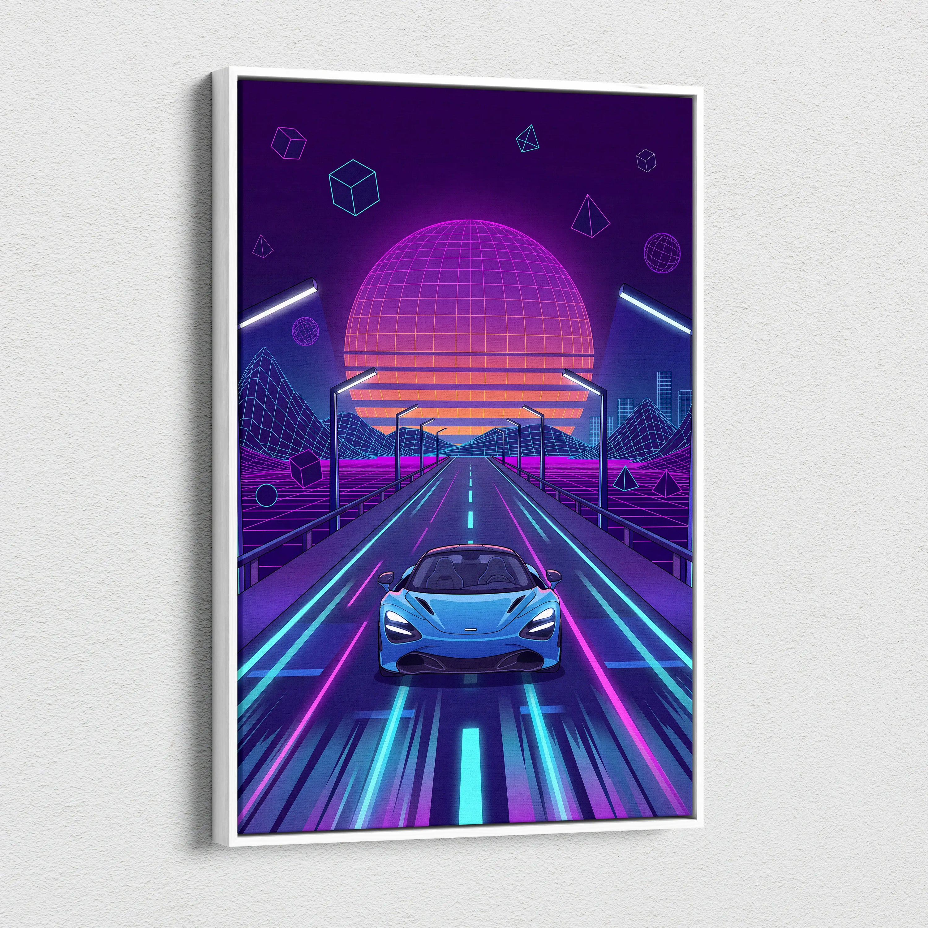 McLaren 765LT Inspired Neon Vaporwave Sunset Neon Canvas Art - Car Neon Purple Blue Living Room Vaporwave Mood