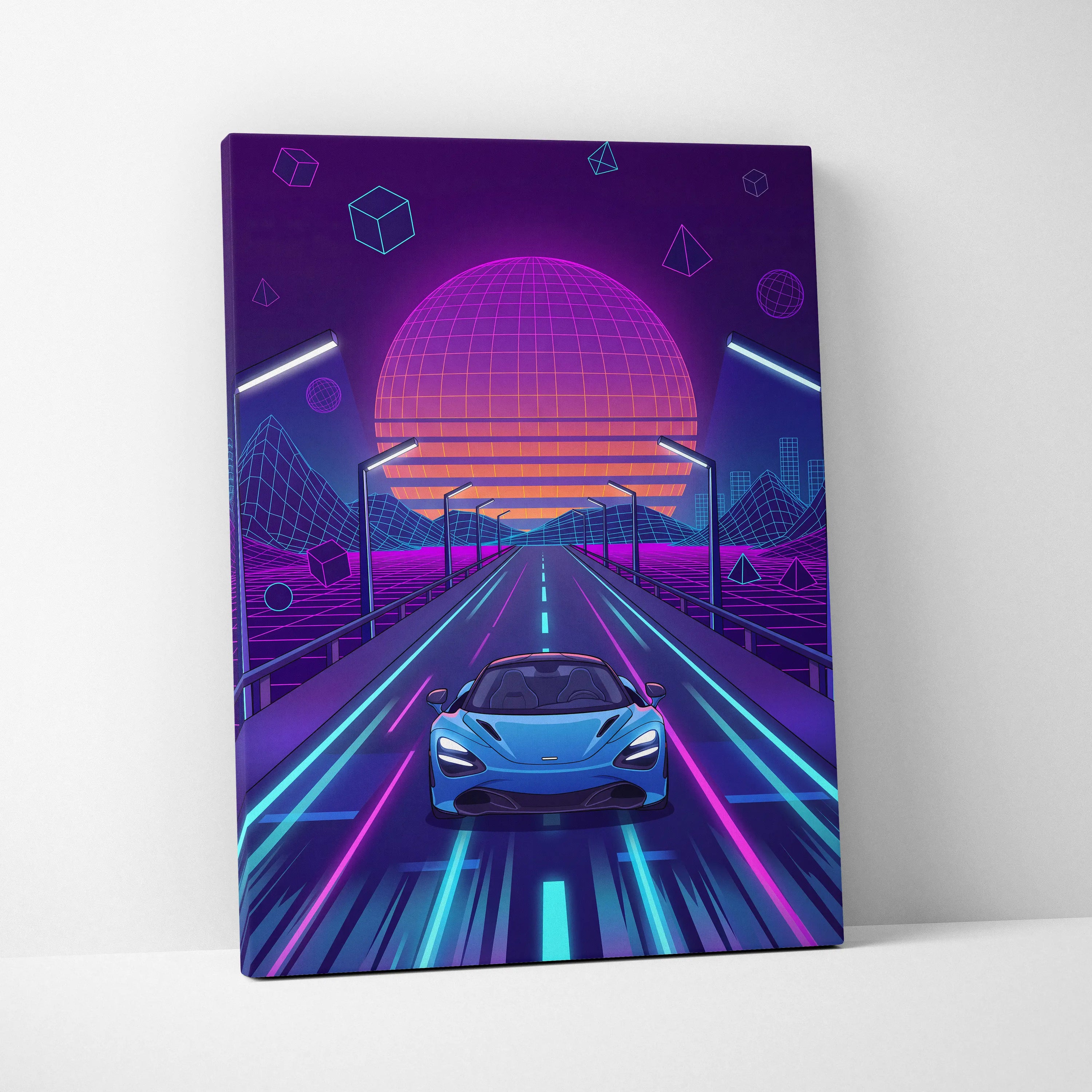 McLaren 765LT Inspired Neon Vaporwave Sunset Neon Canvas Art - Car Neon Purple Blue Living Room Vaporwave Mood