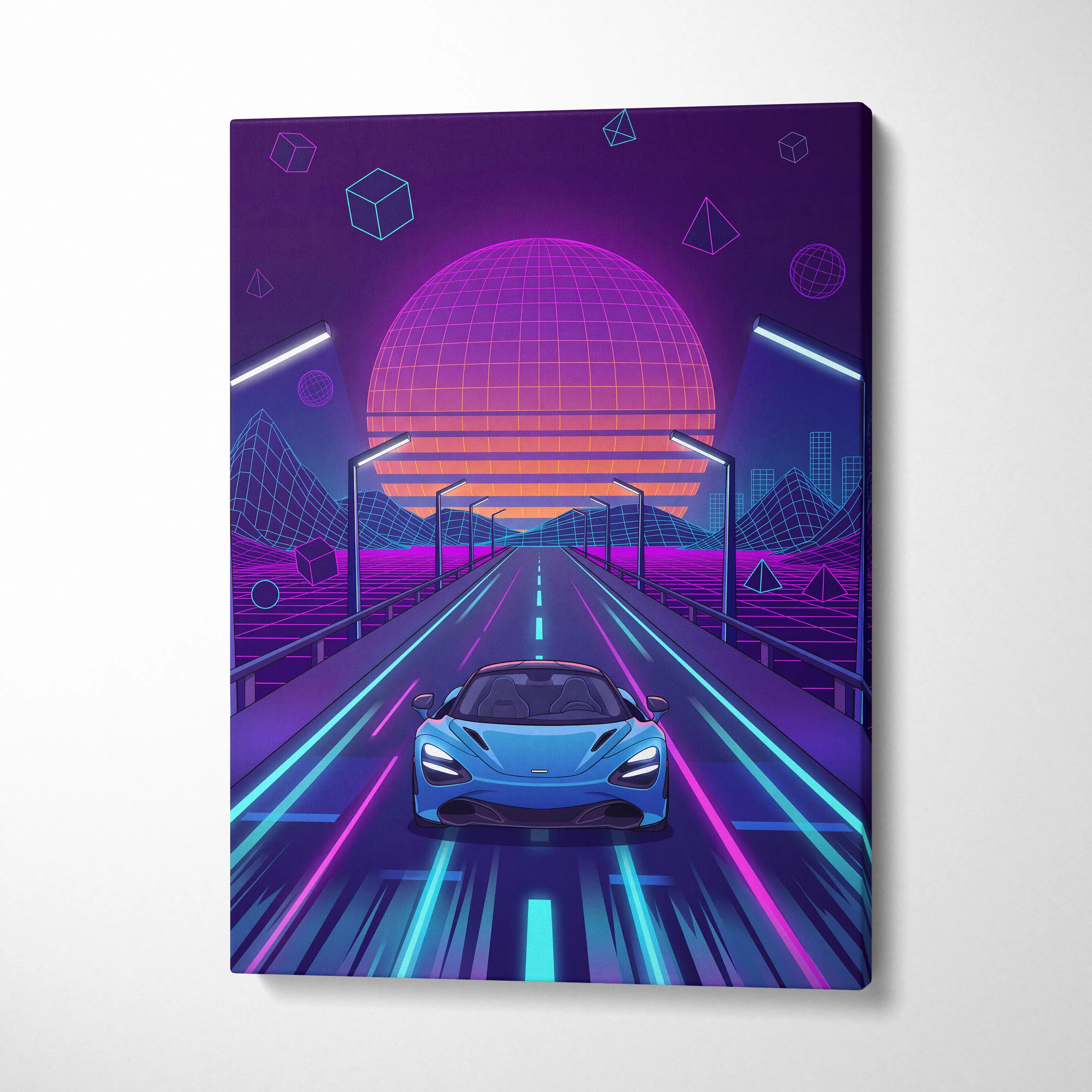 McLaren 765LT Inspired Neon Vaporwave Sunset Neon Canvas Art - Car Neon Purple Blue Living Room Vaporwave Mood