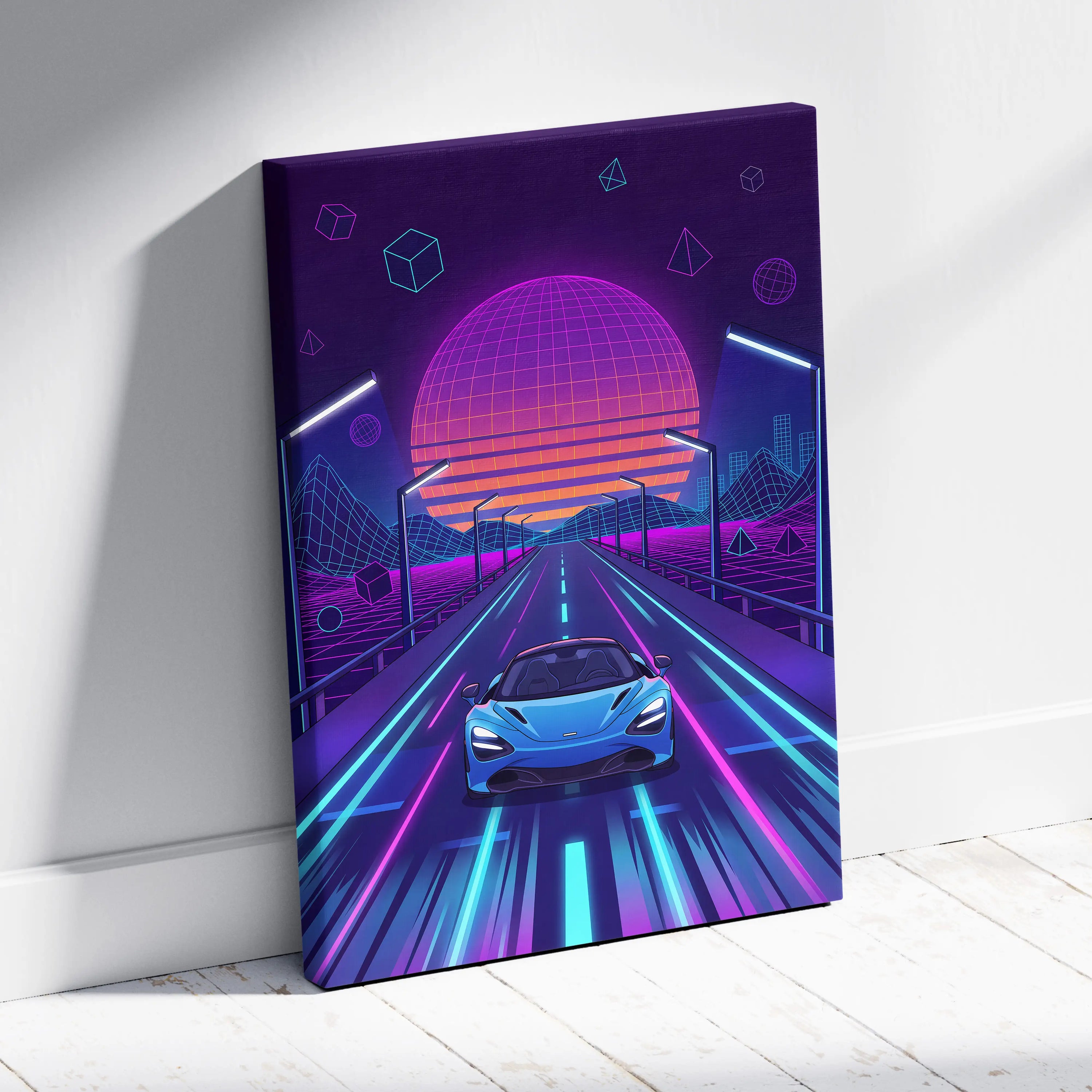 McLaren 765LT Inspired Neon Vaporwave Sunset Neon Canvas Art - Car Neon Purple Blue Living Room Vaporwave Mood