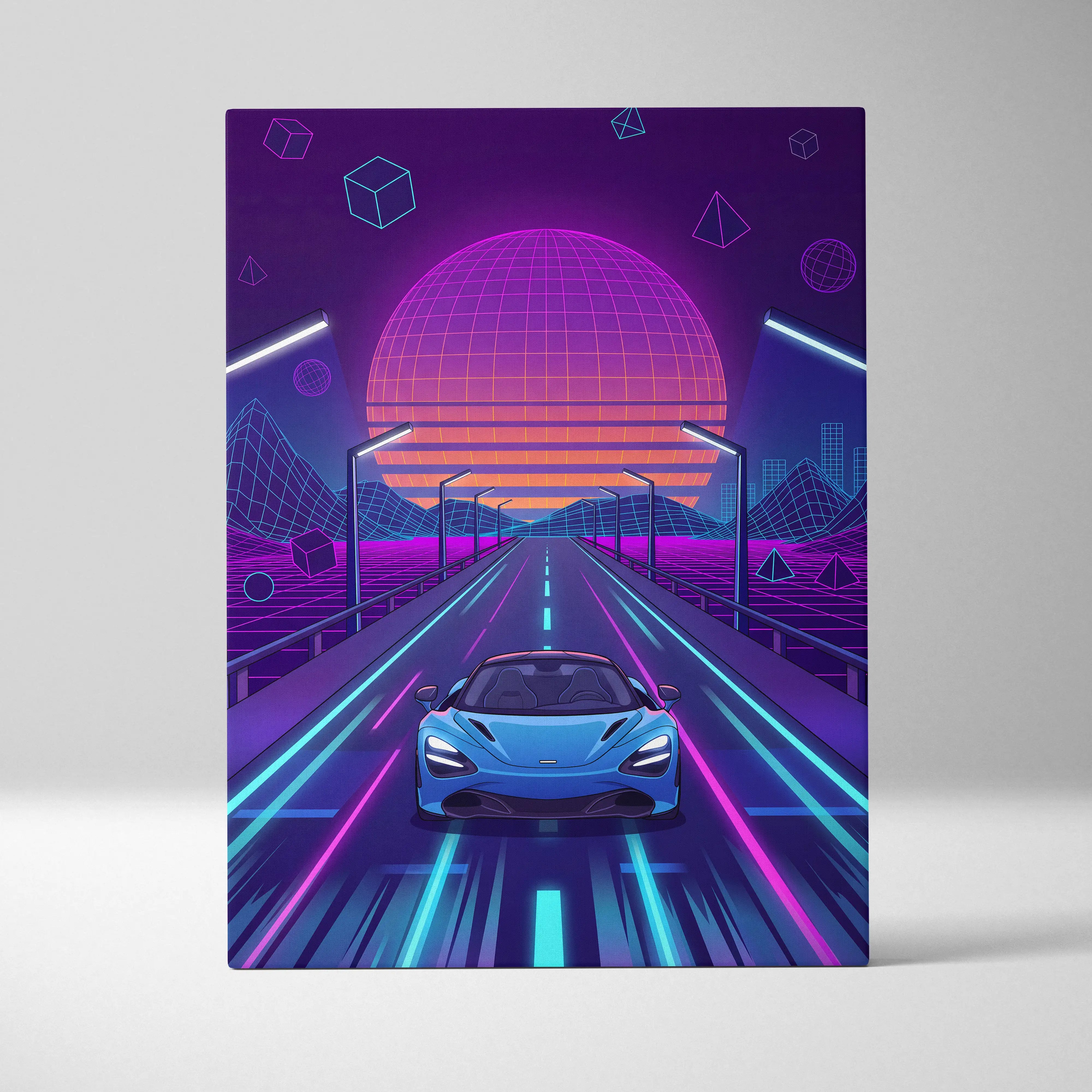 A sleek blue mclaren 765lt-inspired sports car drives down a neon-lit highway under a retro-futuristic purple pink sunset canvas art
