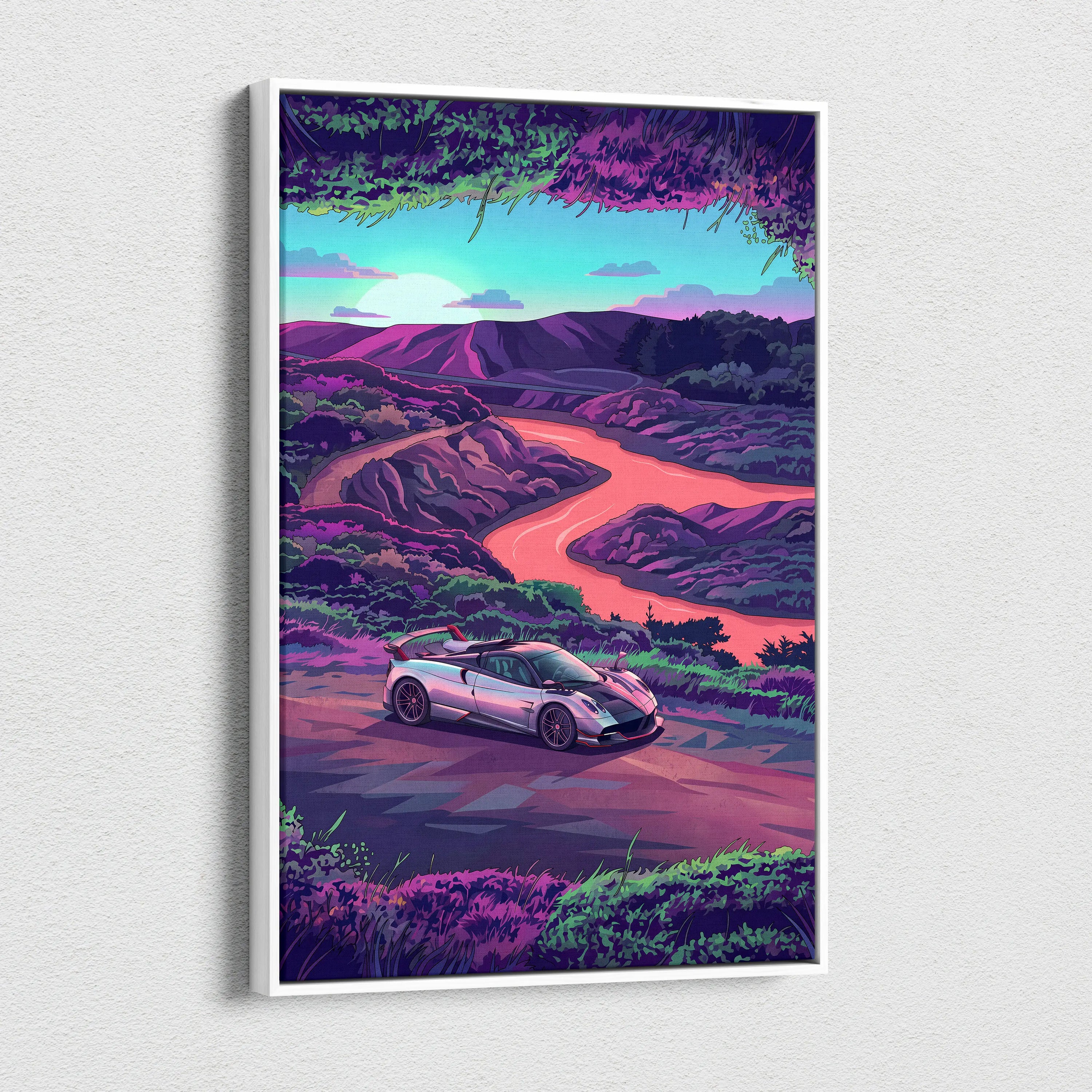 Pagani Huayra Inspired - Vaporwave Neon Drive Canvas Car Scene Neon Hues Home Office Vaporwave Dreamy Retro Canvas Print