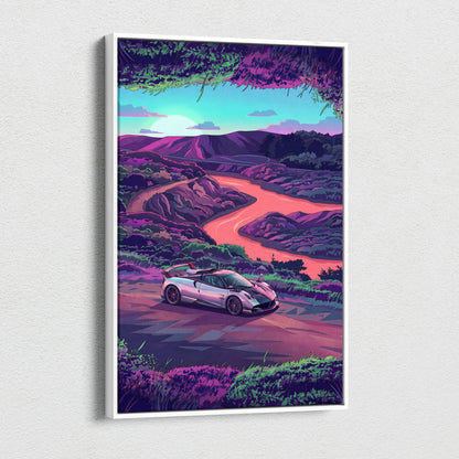 Pagani Huayra Inspired - Vaporwave Neon Drive Canvas Car Scene Neon Hues Home Office Vaporwave Dreamy Retro Canvas Print