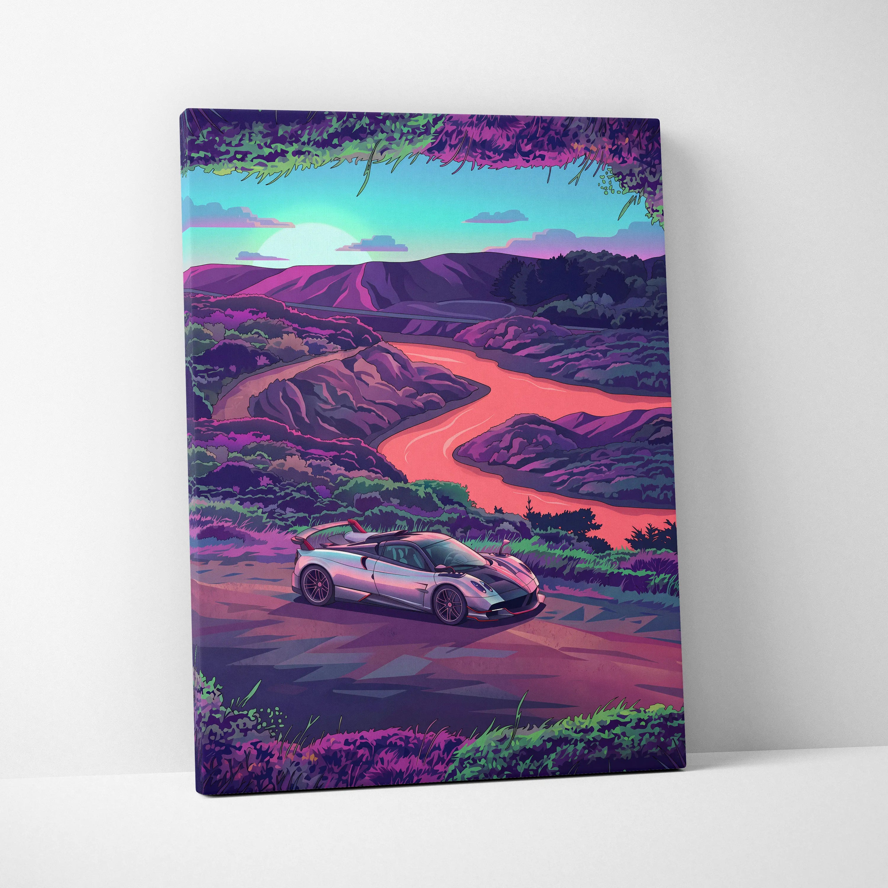 Pagani Huayra Inspired - Vaporwave Neon Drive Canvas Car Scene Neon Hues Home Office Vaporwave Dreamy Retro Canvas Print