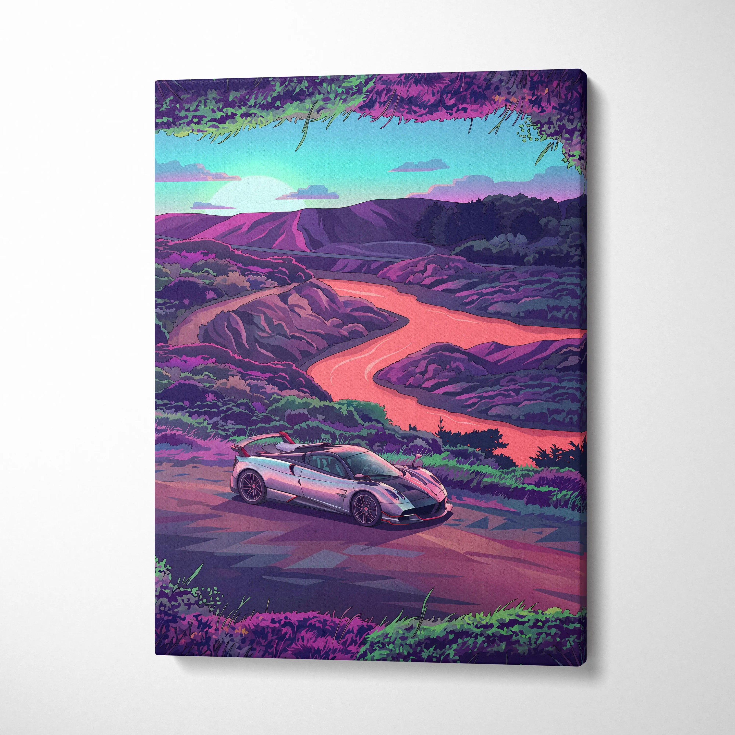 Pagani Huayra Inspired - Vaporwave Neon Drive Canvas Car Scene Neon Hues Home Office Vaporwave Dreamy Retro Canvas Print