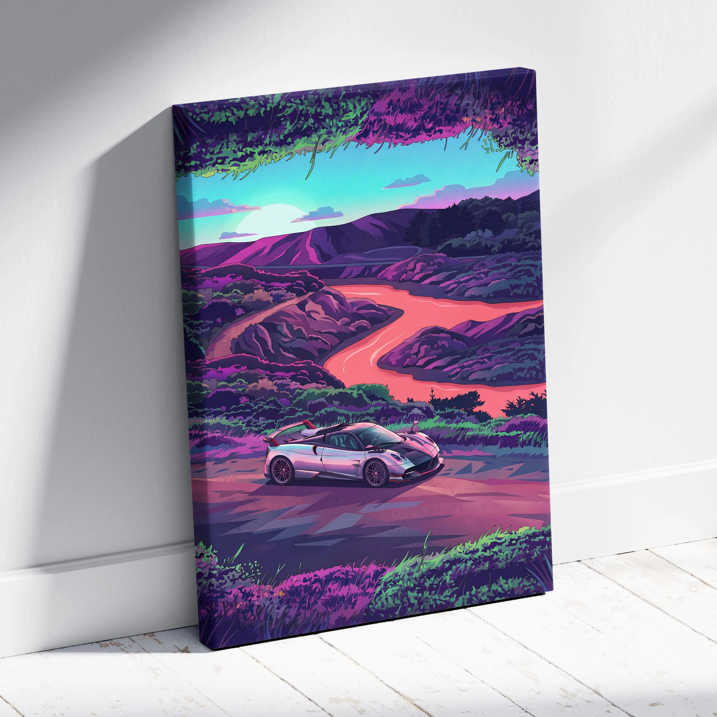 Pagani Huayra Inspired - Vaporwave Neon Drive Canvas Car Scene Neon Hues Home Office Vaporwave Dreamy Retro Canvas Print