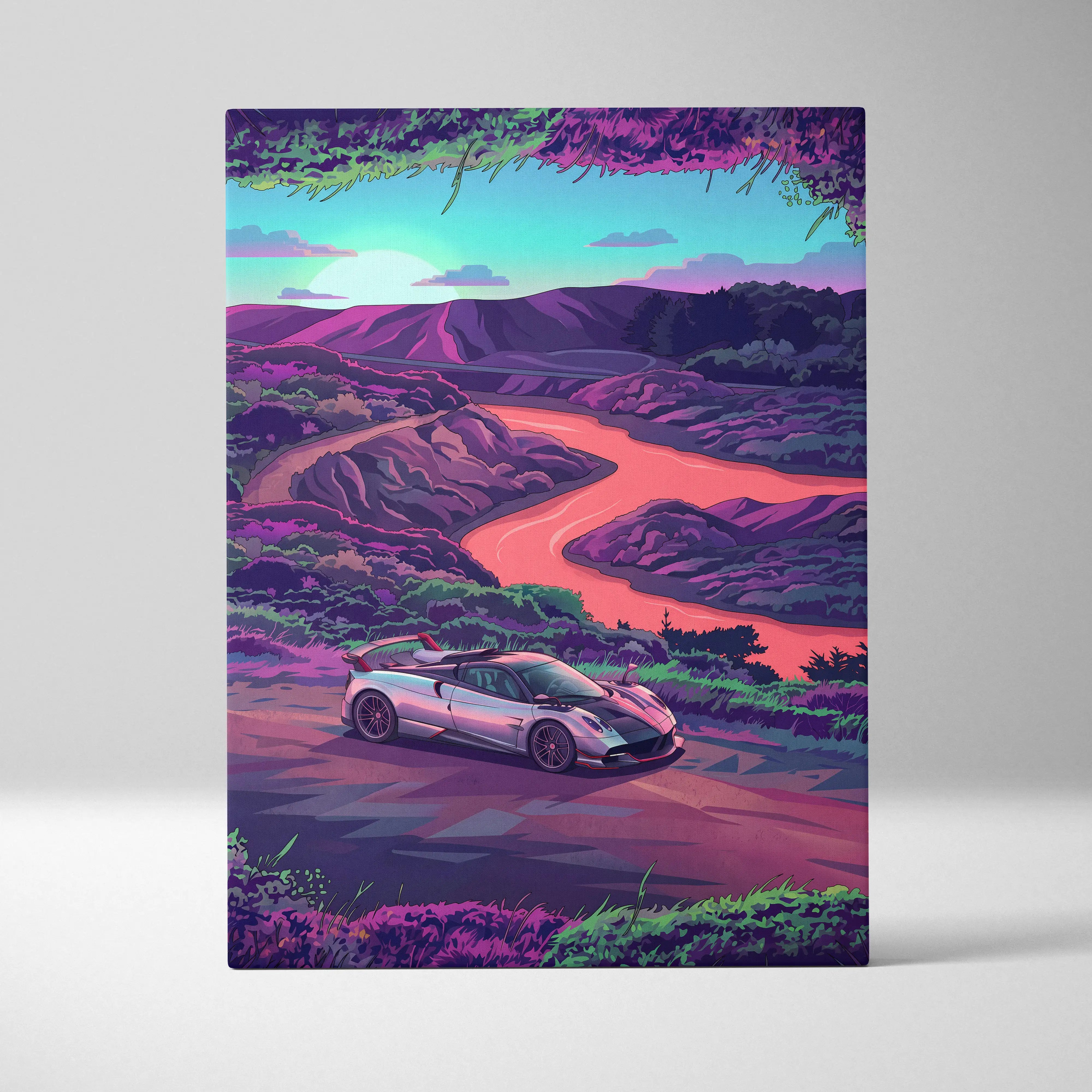 Silver pagani huayra sports car with black racing stripes on winding road in vibrant purple and pink vaporwave landscape canvas print