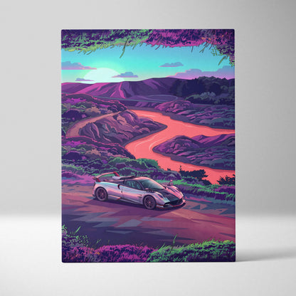Pagani Huayra Inspired - Vaporwave Neon Drive Canvas Car Scene Neon Hues Home Office Vaporwave Dreamy Retro Canvas Print