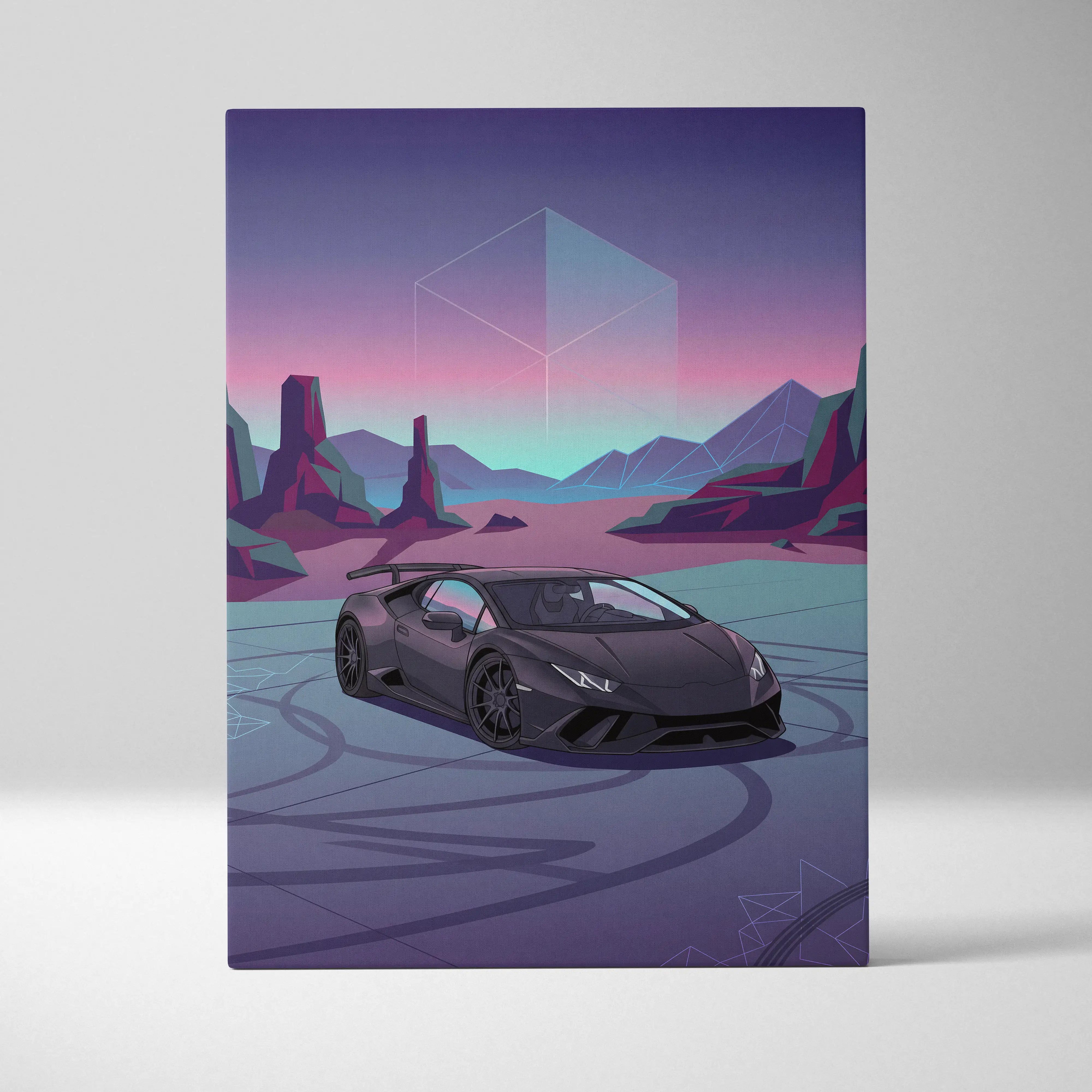 A sleek matte black Lamborghini Huracan sports car in a neon vaporwave style digital illustration