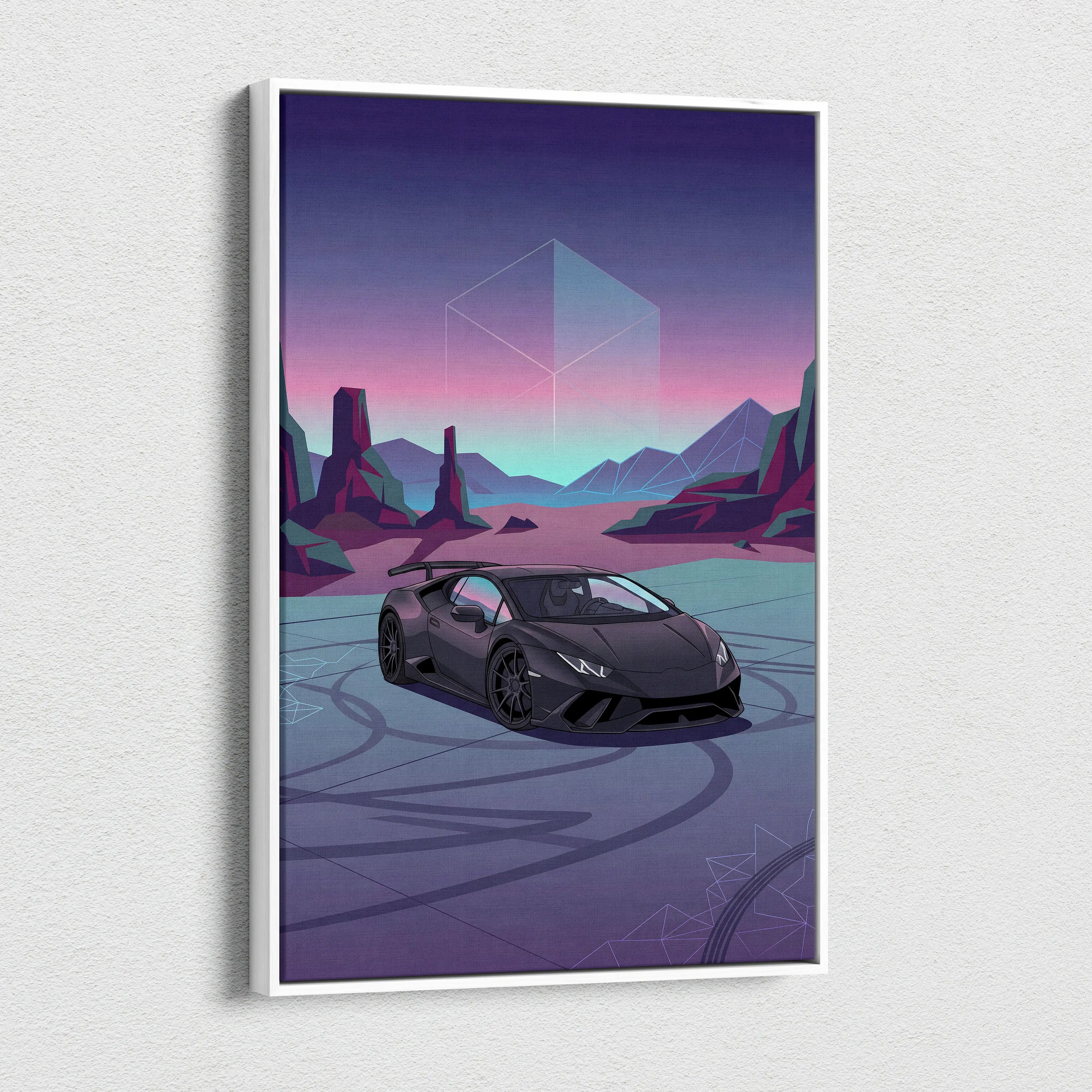 Lamborghini Huracan Inspired Neon Vaporwave Horizon Ride - Sports Car Neon Purple Living Room Vaporwave Retro Canvas