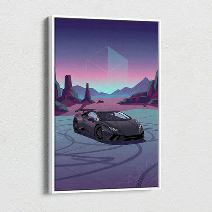 Lamborghini Huracan Inspired Neon Vaporwave Horizon Ride - Sports Car Neon Purple Living Room Vaporwave Retro Canvas
