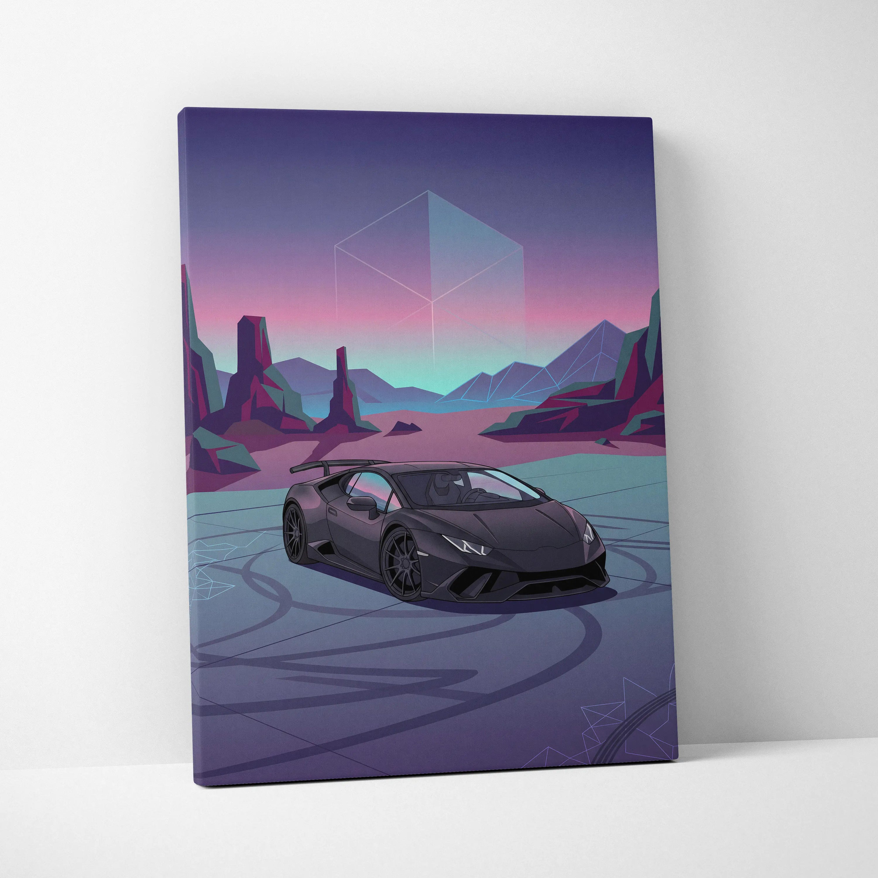 Lamborghini Huracan Inspired Neon Vaporwave Horizon Ride - Sports Car Neon Purple Living Room Vaporwave Retro Canvas