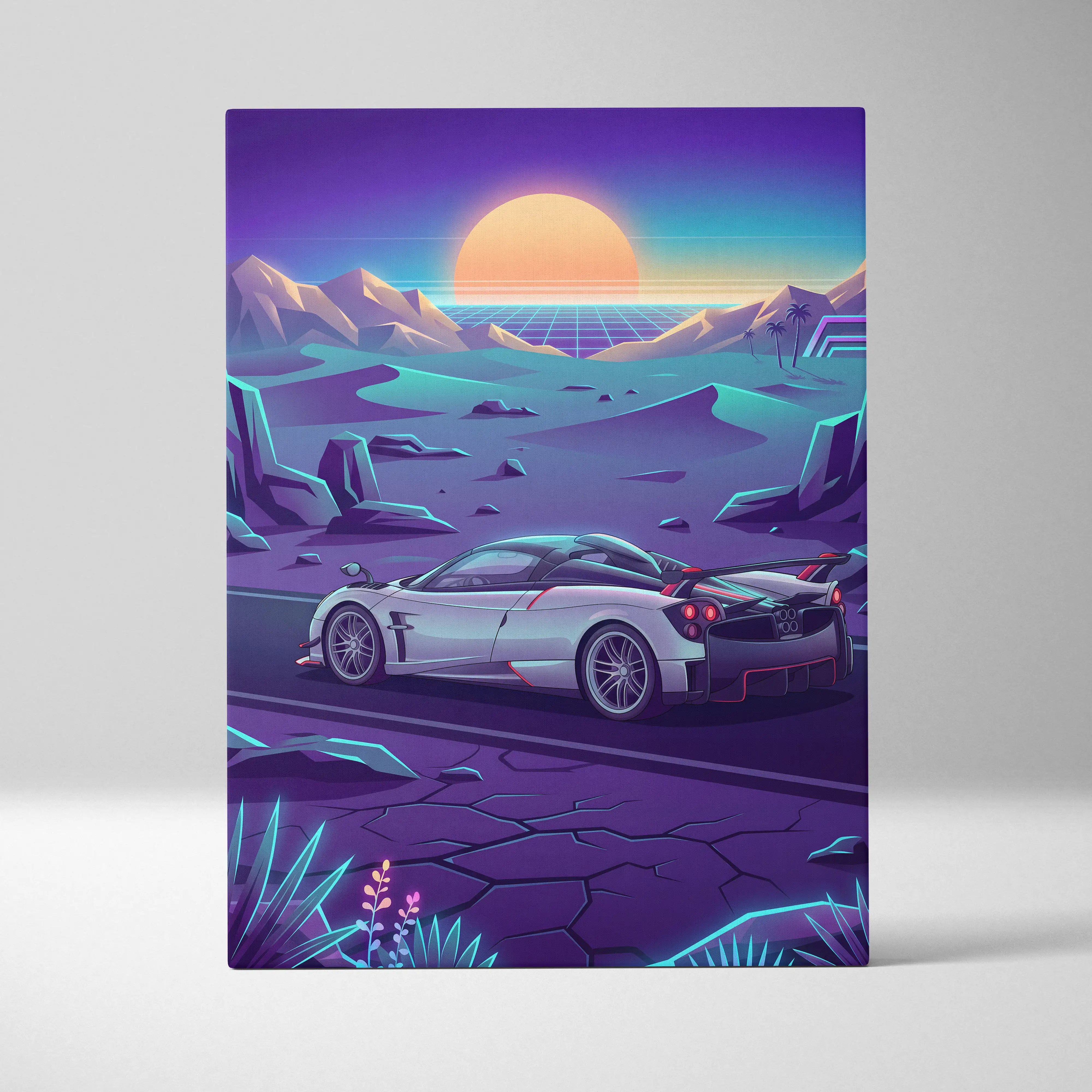 A sleek silver pagani huayra with red accents and black spoiler in a retro neon sunset drive canvas print