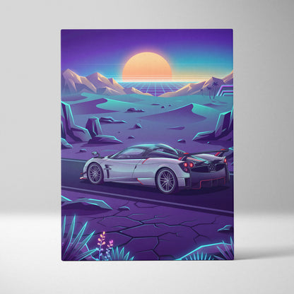 Pagani Huayra Inspired Retro Neon Sunset Drive - Car Art Neon Purple Teal Living Room Decor Canvas Print