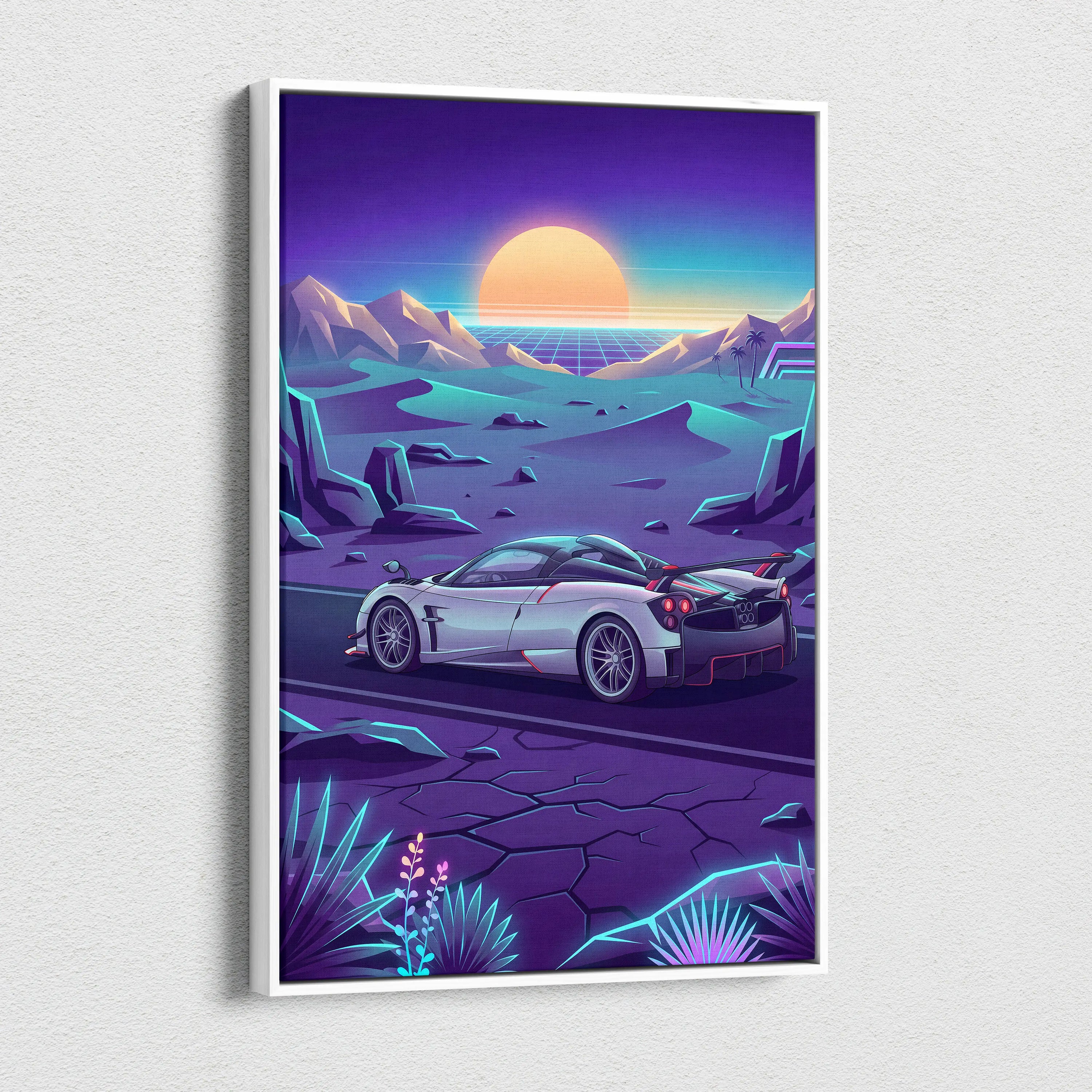 Pagani Huayra Inspired Retro Neon Sunset Drive - Car Art Neon Purple Teal Living Room Decor Canvas Print