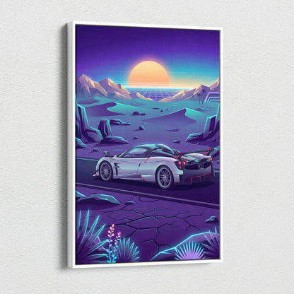 Pagani Huayra Inspired Retro Neon Sunset Drive - Car Art Neon Purple Teal Living Room Decor Canvas Print