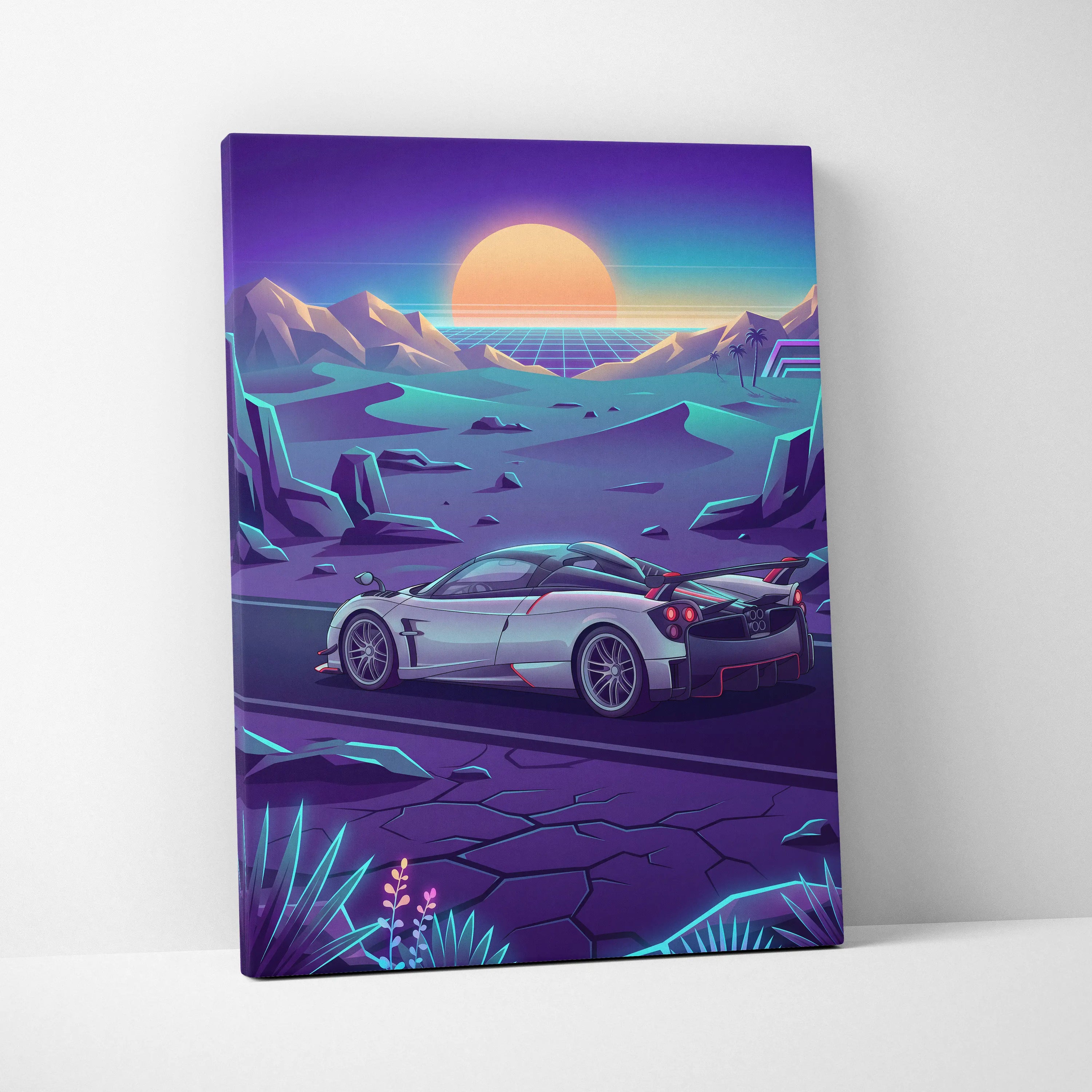 Pagani Huayra Inspired Retro Neon Sunset Drive - Car Art Neon Purple Teal Living Room Decor Canvas Print