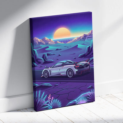 Pagani Huayra Inspired Retro Neon Sunset Drive - Car Art Neon Purple Teal Living Room Decor Canvas Print