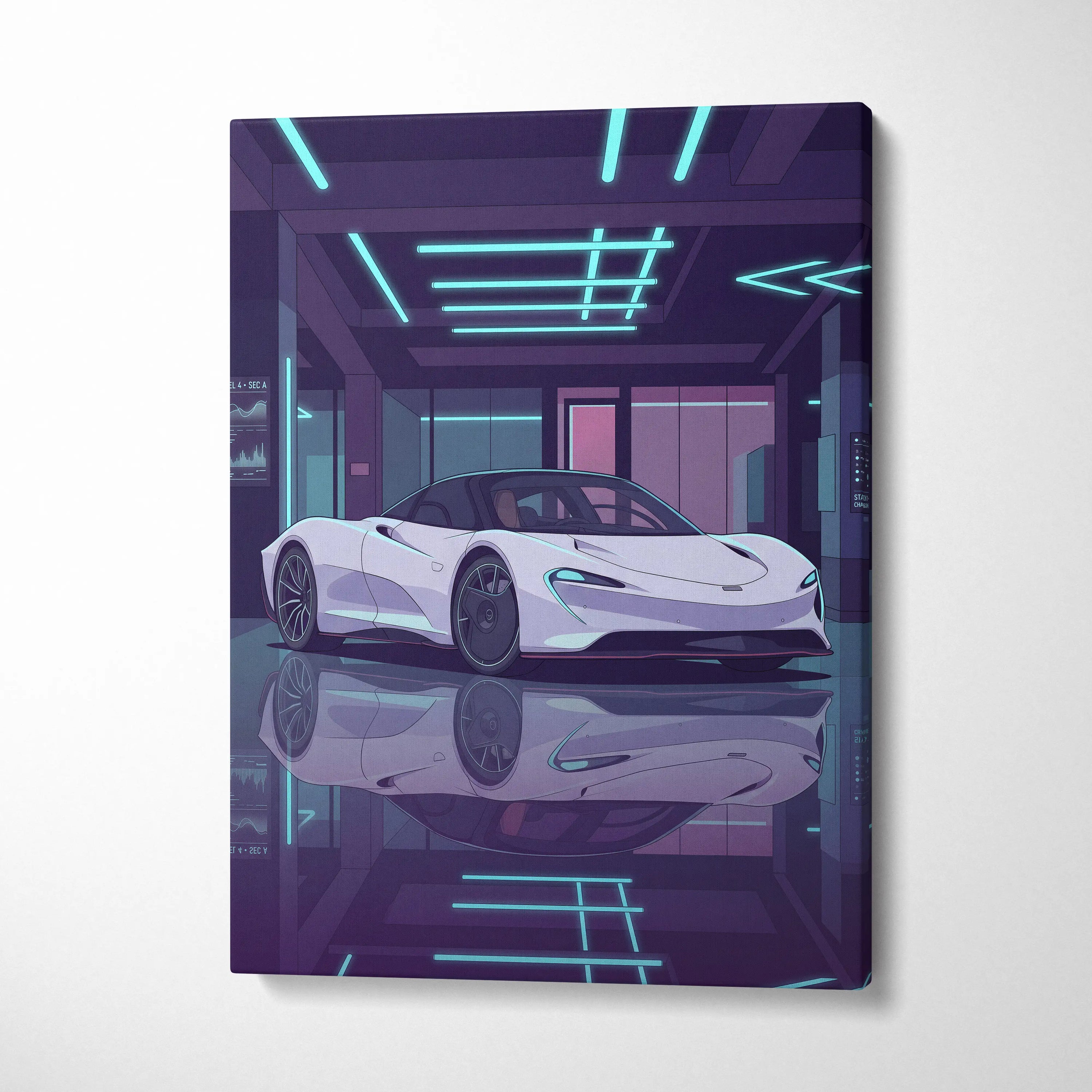 McLaren Speedtail Inspired White Purple Canvas Wall Art, Vaporwave Supercar Artwork, Neon Modern Garage Decor, Retro Futuristic Exotic Print