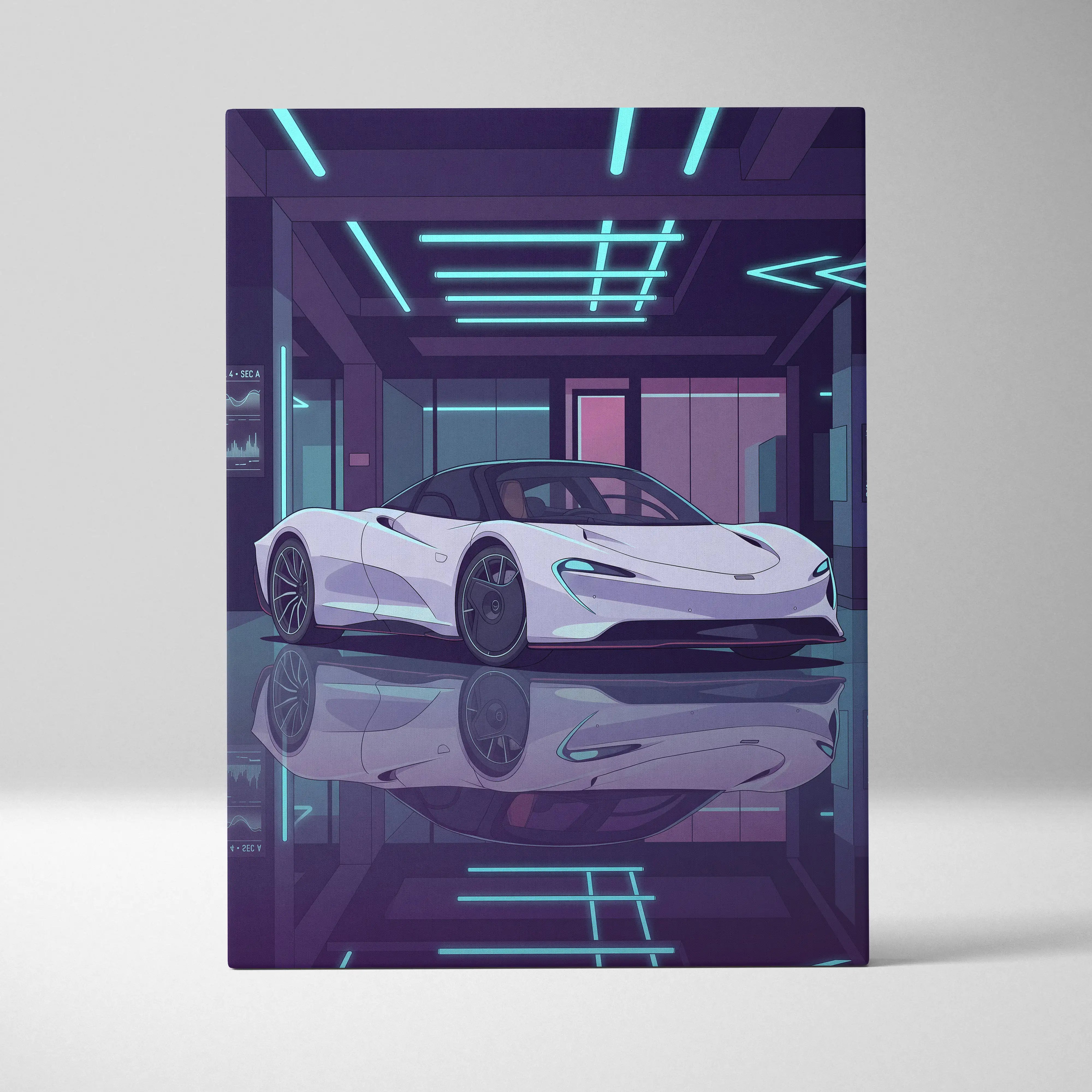 McLaren Speedtail Inspired White Purple Canvas Wall Art, Vaporwave Supercar Artwork, Neon Modern Garage Decor, Retro Futuristic Exotic Print