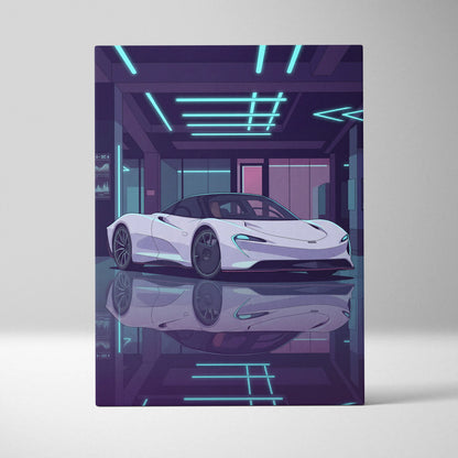 McLaren Speedtail Inspired White Purple Canvas Wall Art, Vaporwave Supercar Artwork, Neon Modern Garage Decor, Retro Futuristic Exotic Print