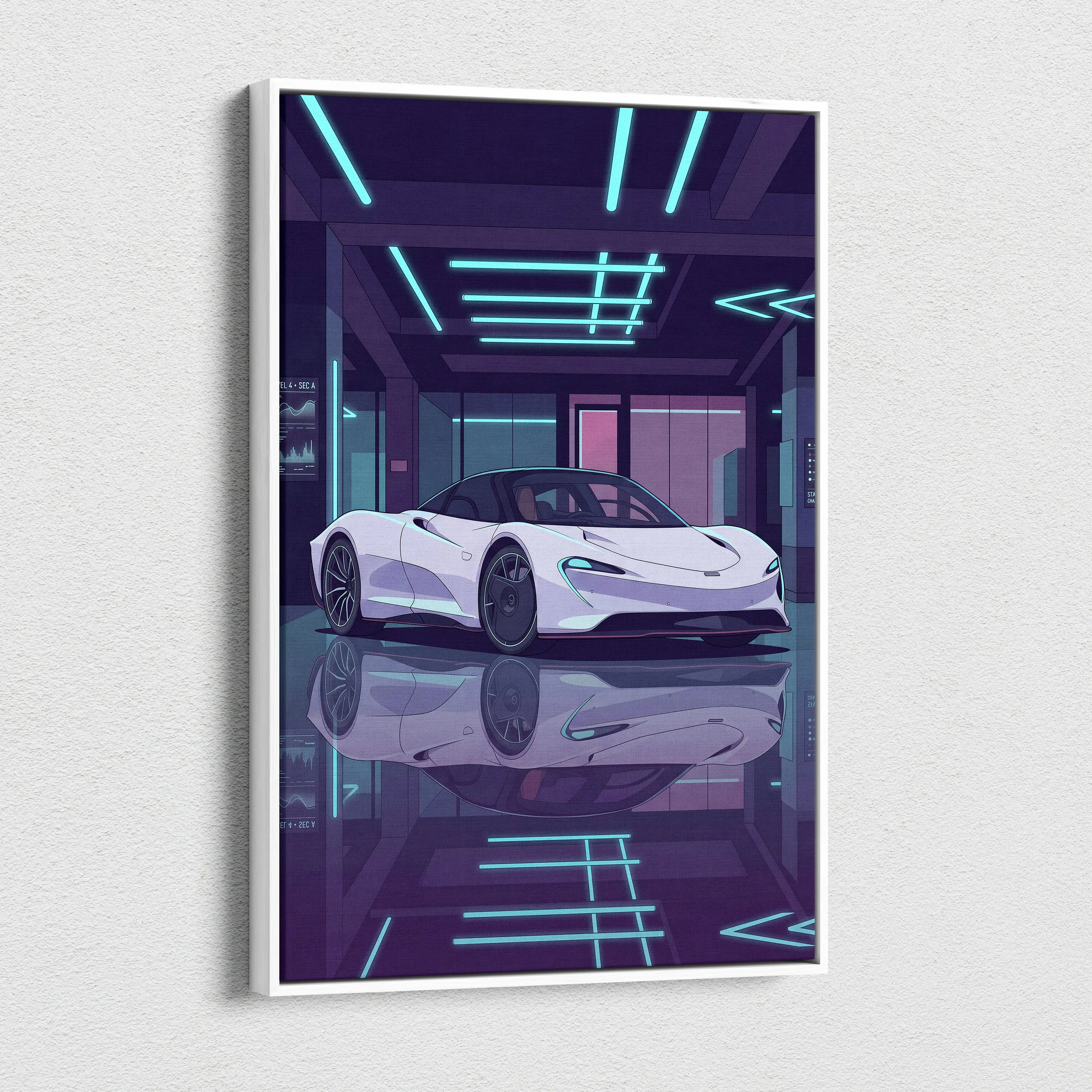 McLaren Speedtail Inspired White Purple Canvas Wall Art, Vaporwave Supercar Artwork, Neon Modern Garage Decor, Retro Futuristic Exotic Print