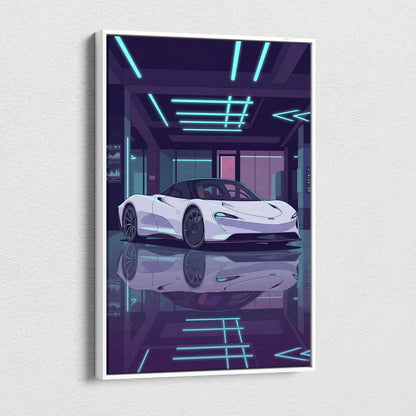 McLaren Speedtail Inspired White Purple Canvas Wall Art, Vaporwave Supercar Artwork, Neon Modern Garage Decor, Retro Futuristic Exotic Print
