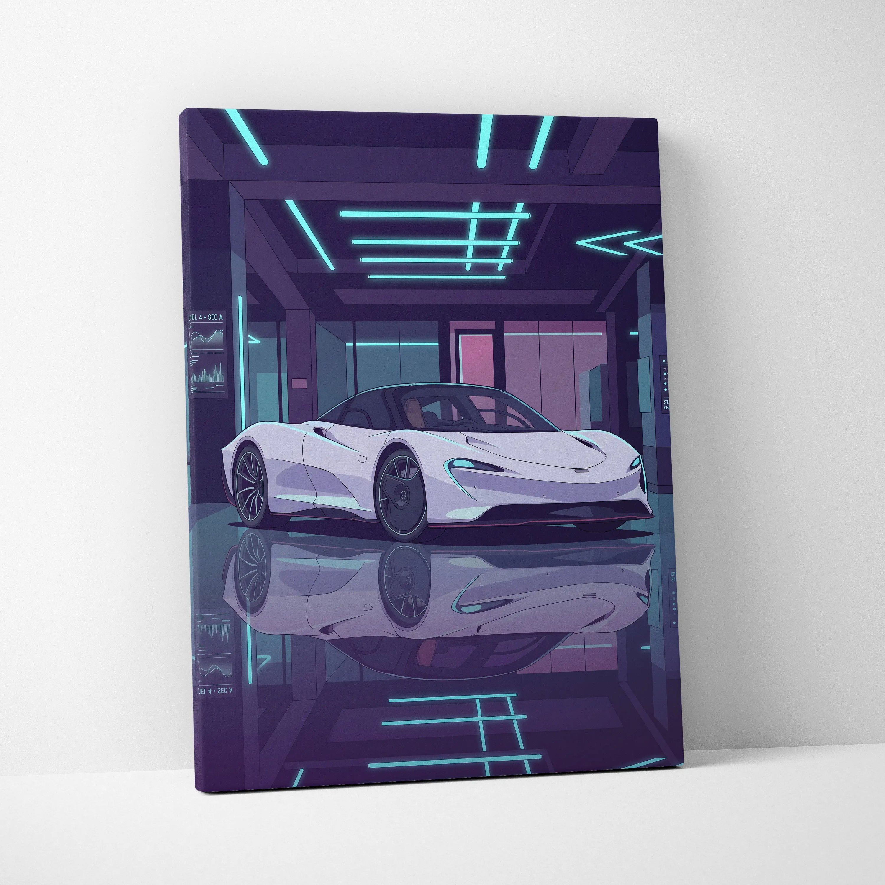McLaren Speedtail Inspired White Purple Canvas Wall Art, Vaporwave Supercar Artwork, Neon Modern Garage Decor, Retro Futuristic Exotic Print